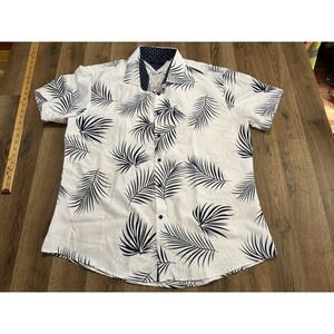 BC Collection Button Down Shirt Men XXXL White Blue Palm Leaf Tropical Excellent